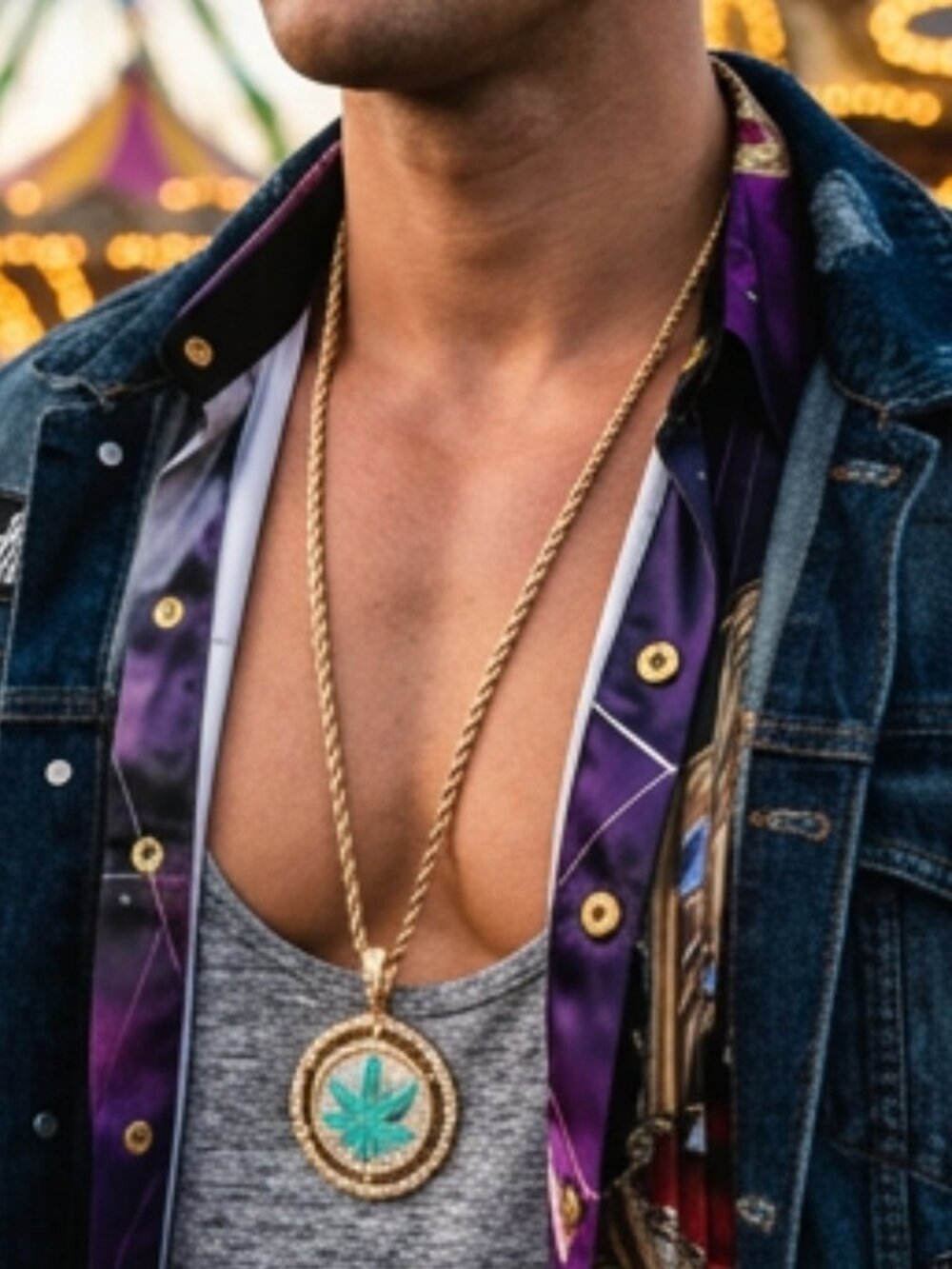 NEW Men Fashion Necklace Green Leaf Round Pendant Long Metal Chain Gold Color